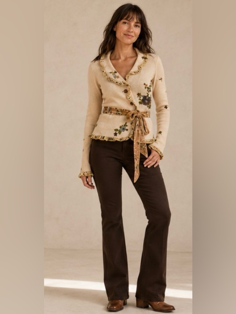 MOTH Anthropologie Floral Embroidered Merino Wool Tie Waist Cardigan XL